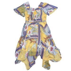 Rabbit Rabbit Rabbit Womens 12 Midi Dress Yellow Blue Smocked‎ Bodice Hanky Hem